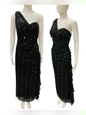 Blondie Nites Black One-Shoulder Ruched Evening Dress with Sparkle Size S